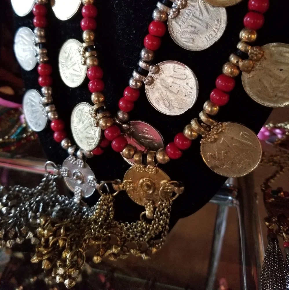 Goldtone Coin Necklace w/ Red Beads & Tassels - Picture 7 of 7